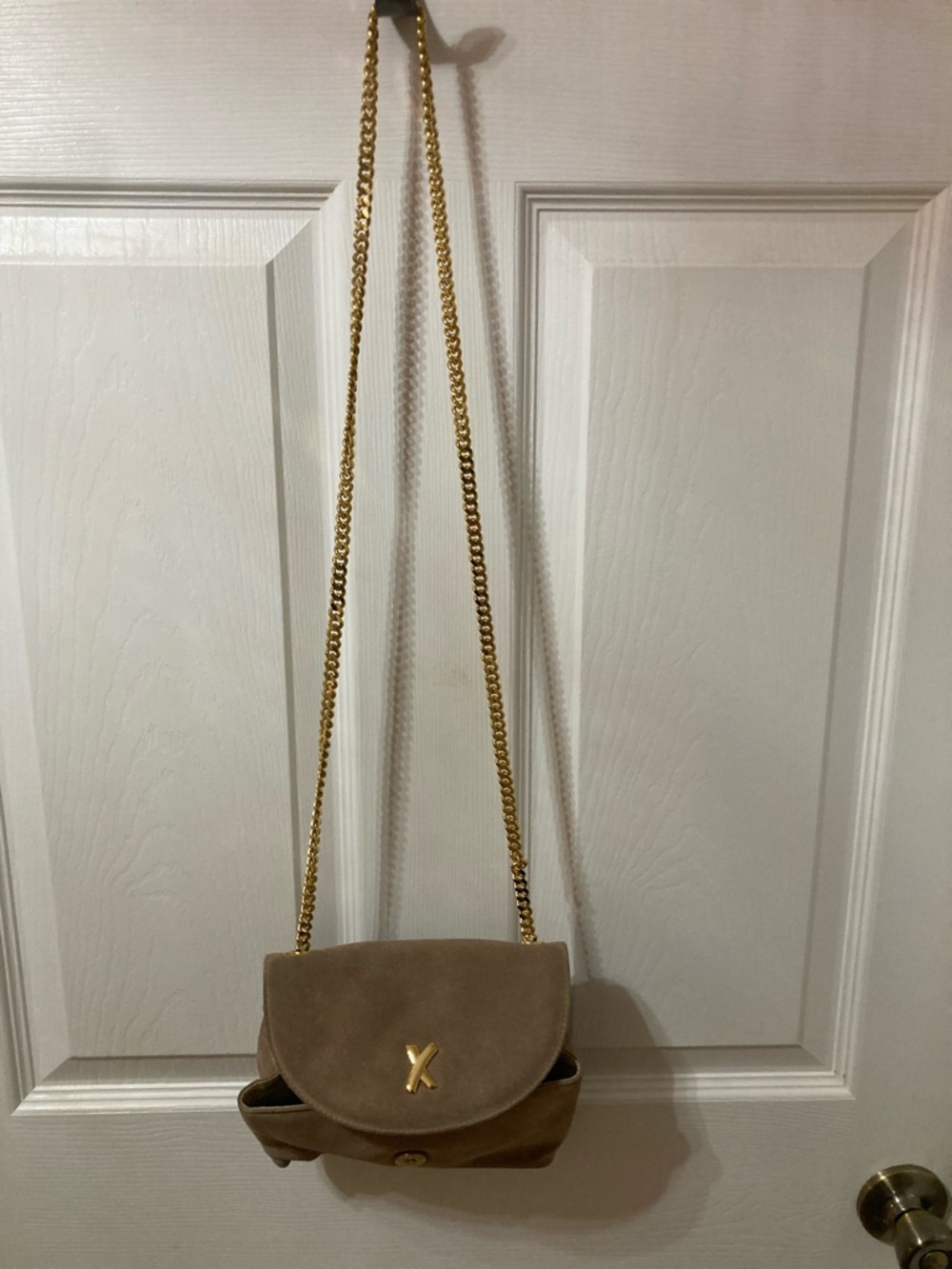 Paloma Picasso Tan Suede Crossbody with Gold Chain